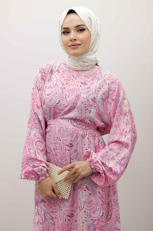 Şal Desen Kuşaklı Elbise TSD250257 Pembe - TESETTÜR DÜNYASI (1)