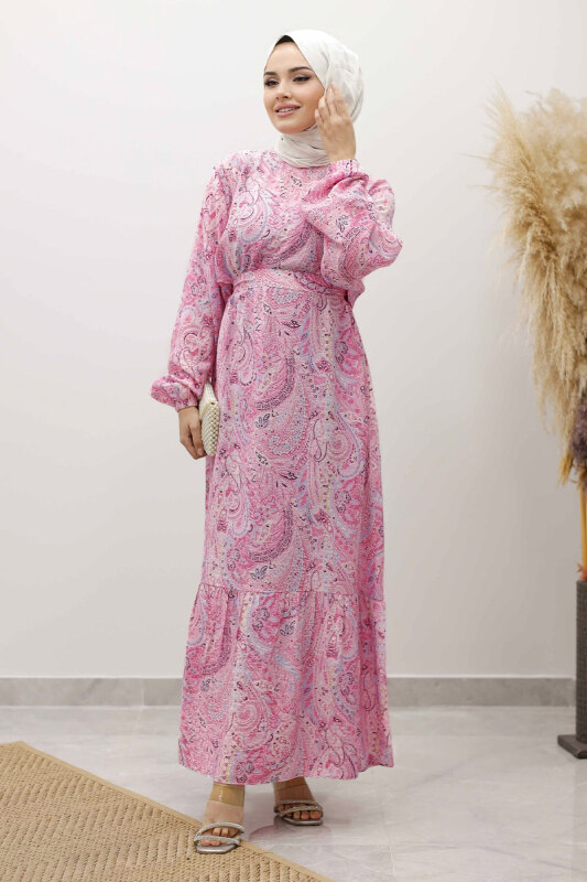Şal Desen Kuşaklı Elbise TSD250257 Pembe - TESETTÜR DÜNYASI