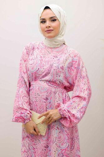 Şal Desen Kuşaklı Elbise TSD250257 Pembe - 2