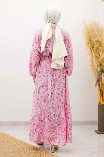 Şal Desen Kuşaklı Elbise TSD250257 Pembe - 6