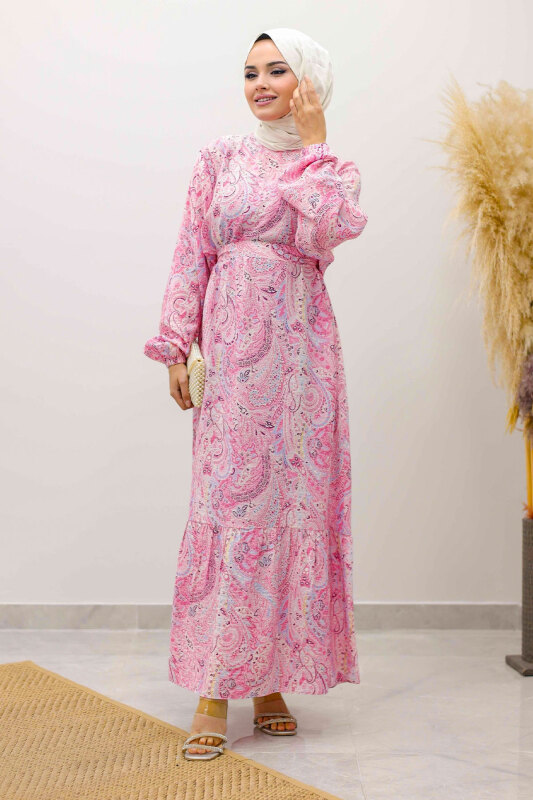 Şal Desen Kuşaklı Elbise TSD250257 Pembe - TESETTÜR DÜNYASI