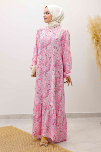 Şal Desen Kuşaklı Elbise TSD250257 Pembe - 3