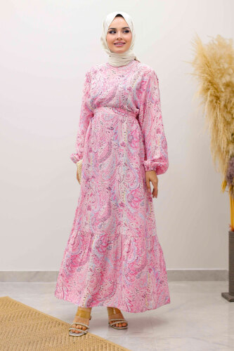Şal Desen Kuşaklı Elbise TSD250257 Pembe - 4