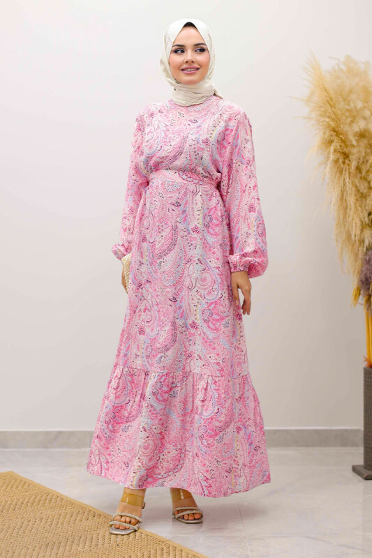 Şal Desen Kuşaklı Elbise TSD250257 Pembe - 4