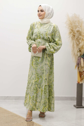 Şal Desen Kuşaklı Elbise TSD250257 Yeşil - Tesettür Dünyası