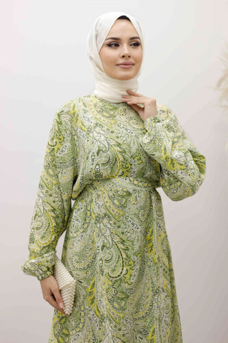 Şal Desen Kuşaklı Elbise TSD250257 Yeşil - Tesettür Dünyası (1)