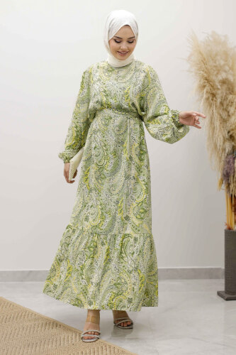 Şal Desen Kuşaklı Elbise TSD250257 Yeşil - 3