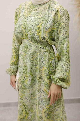 Şal Desen Kuşaklı Elbise TSD250257 Yeşil - 4