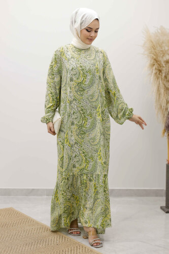 Şal Desen Kuşaklı Elbise TSD250257 Yeşil - 5