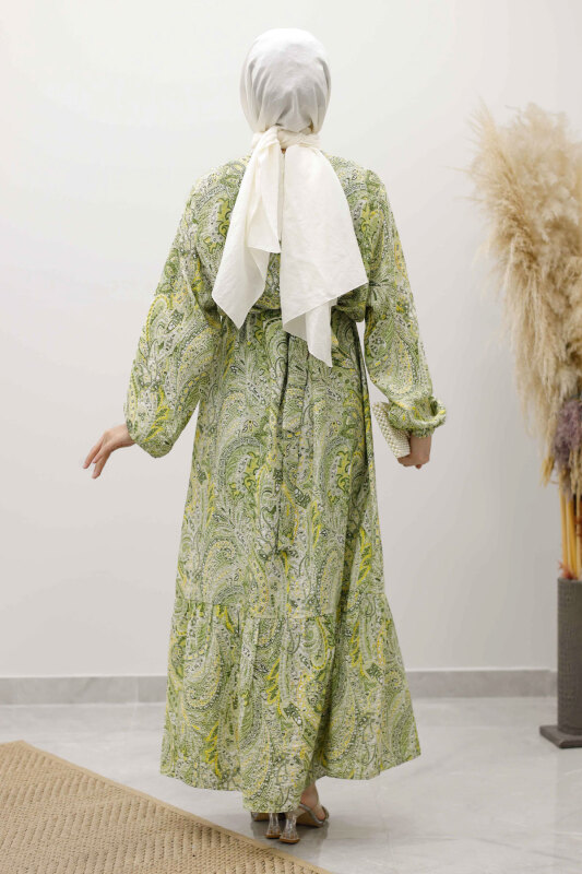 Şal Desen Kuşaklı Elbise TSD250257 Yeşil - 6