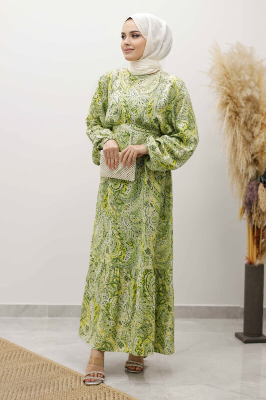 Şal Desen Kuşaklı Elbise TSD250257 Yeşil - TESETTÜR DÜNYASI
