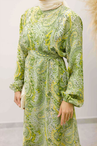 Şal Desen Kuşaklı Elbise TSD250257 Yeşil - 5