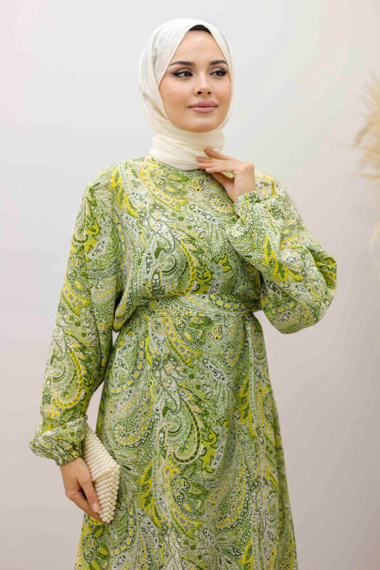 Şal Desen Kuşaklı Elbise TSD250257 Yeşil - TESETTÜR DÜNYASI (1)