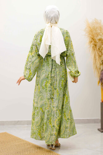 Şal Desen Kuşaklı Elbise TSD250257 Yeşil - 6