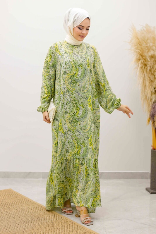 Şal Desen Kuşaklı Elbise TSD250257 Yeşil - 4