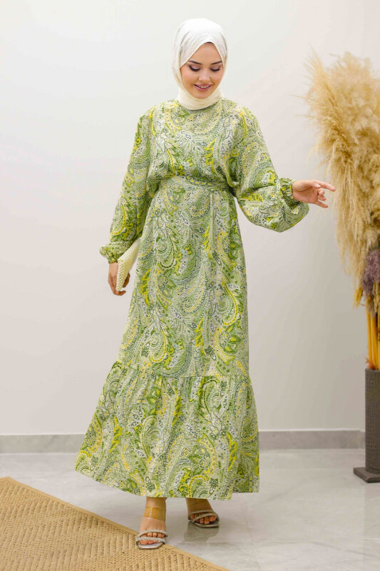 Şal Desen Kuşaklı Elbise TSD250257 Yeşil - 3
