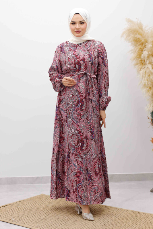 Şal Desen Kuşaklı Elbise TSD260107 Bordo - Tesettür Dünyası