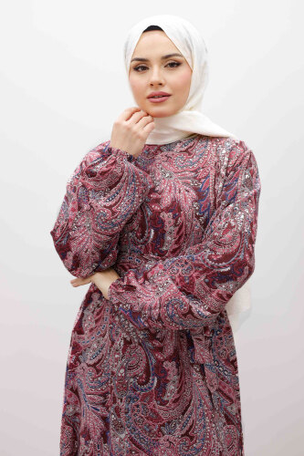 Şal Desen Kuşaklı Elbise TSD260107 Bordo - Tesettür Dünyası (1)