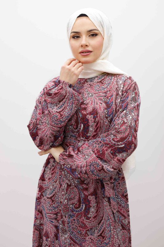 Şal Desen Kuşaklı Elbise TSD260107 Bordo - Tesettür Dünyası (1)