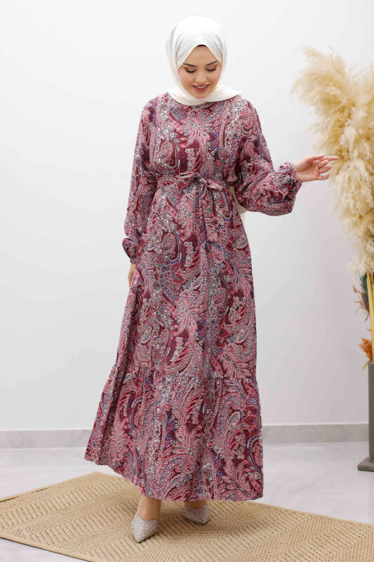 Şal Desen Kuşaklı Elbise TSD260107 Bordo - 3