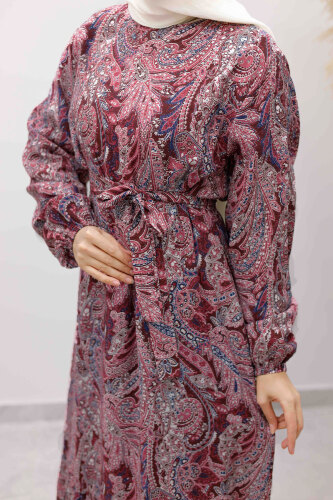 Şal Desen Kuşaklı Elbise TSD260107 Bordo - 4