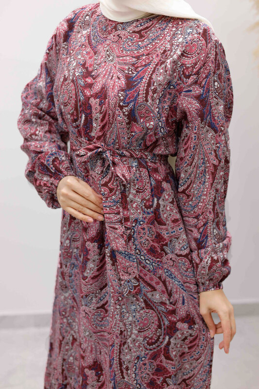 Şal Desen Kuşaklı Elbise TSD260107 Bordo - 4