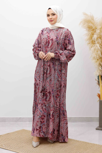 Şal Desen Kuşaklı Elbise TSD260107 Bordo - 5