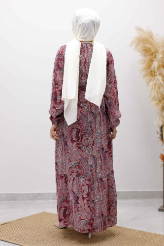 Şal Desen Kuşaklı Elbise TSD260107 Bordo - 6