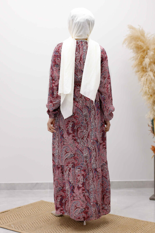 Şal Desen Kuşaklı Elbise TSD260107 Bordo - 6