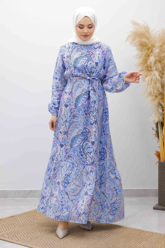 Şal Desen Kuşaklı Elbise TSD260107 Mavi - Tesettür Dünyası
