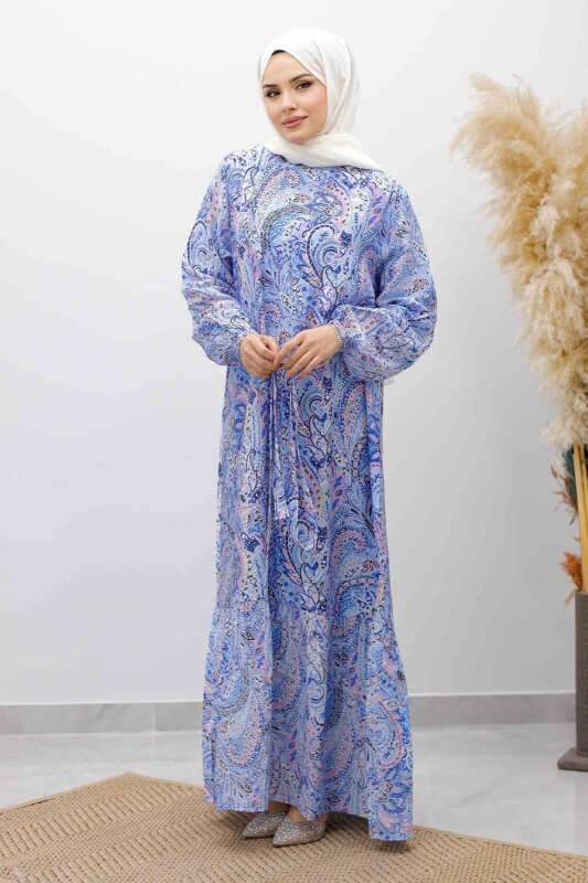 Şal Desen Kuşaklı Elbise TSD260107 Mavi - 3