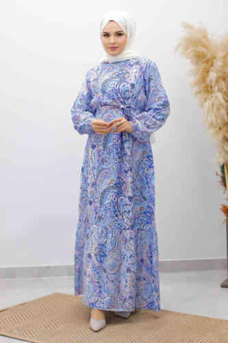 Şal Desen Kuşaklı Elbise TSD260107 Mavi - 5