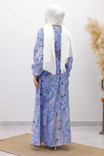 Şal Desen Kuşaklı Elbise TSD260107 Mavi - 6
