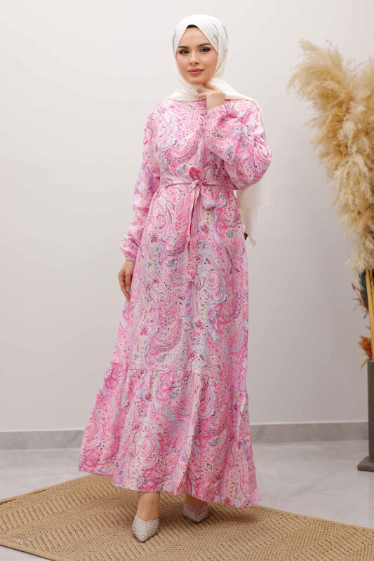 Şal Desen Kuşaklı Elbise TSD260107 Pembe - Tesettür Dünyası