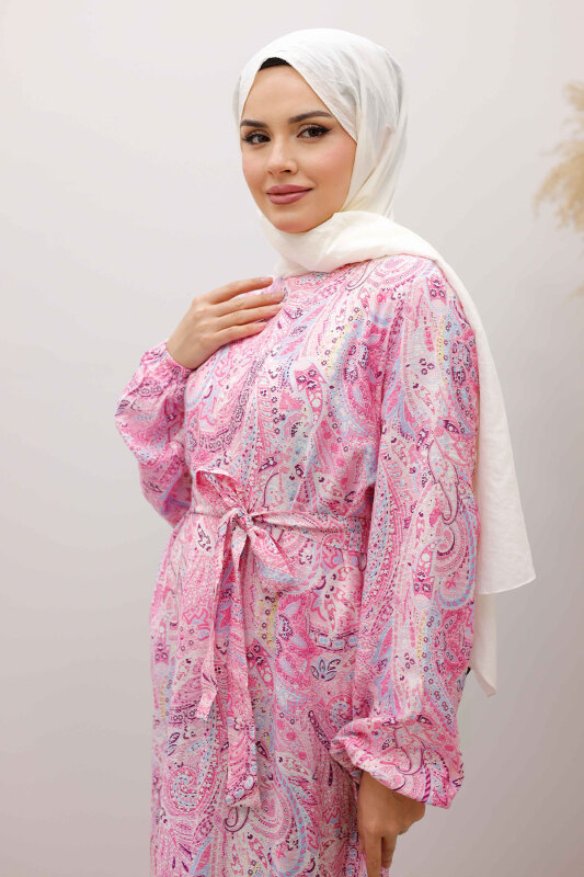 Şal Desen Kuşaklı Elbise TSD260107 Pembe - Tesettür Dünyası (1)