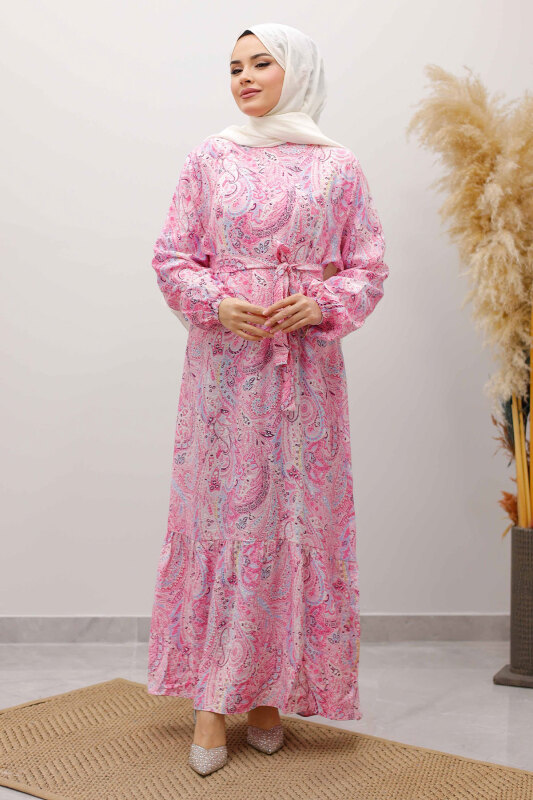 Şal Desen Kuşaklı Elbise TSD260107 Pembe - 3