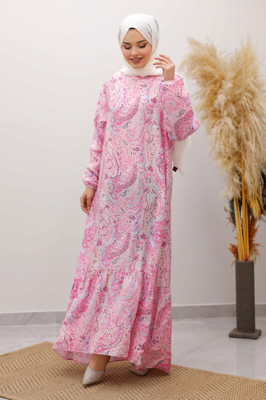 Şal Desen Kuşaklı Elbise TSD260107 Pembe - 5