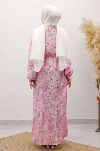 Şal Desen Kuşaklı Elbise TSD260107 Pembe - 6