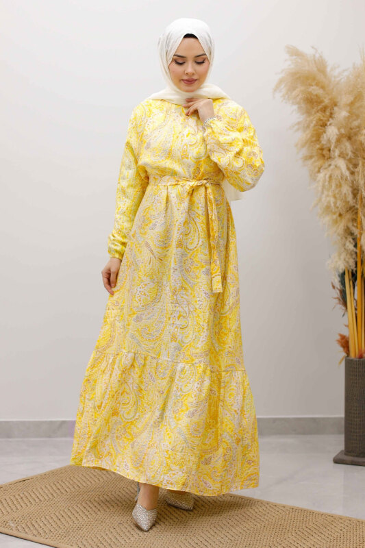 Şal Desen Kuşaklı Elbise TSD260107 Sarı - Tesettür Dünyası