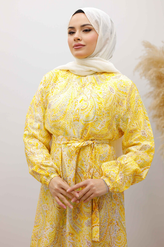 Şal Desen Kuşaklı Elbise TSD260107 Sarı - Tesettür Dünyası (1)