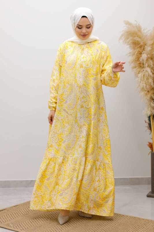 Şal Desen Kuşaklı Elbise TSD260107 Sarı - 3