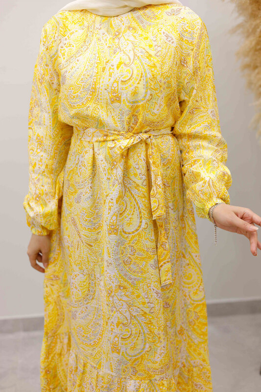 Şal Desen Kuşaklı Elbise TSD260107 Sarı - 4