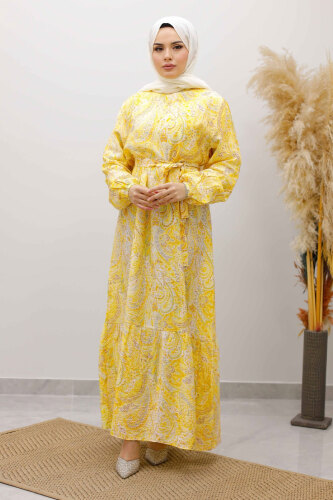 Şal Desen Kuşaklı Elbise TSD260107 Sarı - 5