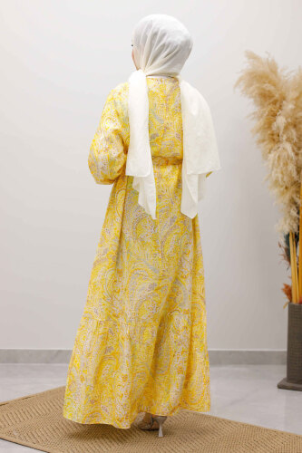 Şal Desen Kuşaklı Elbise TSD260107 Sarı - 6