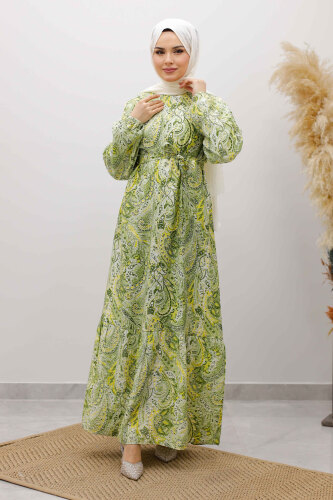 Şal Desen Kuşaklı Elbise TSD260107 Yeşil - Tesettür Dünyası