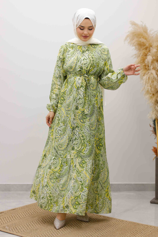 Şal Desen Kuşaklı Elbise TSD260107 Yeşil - 3