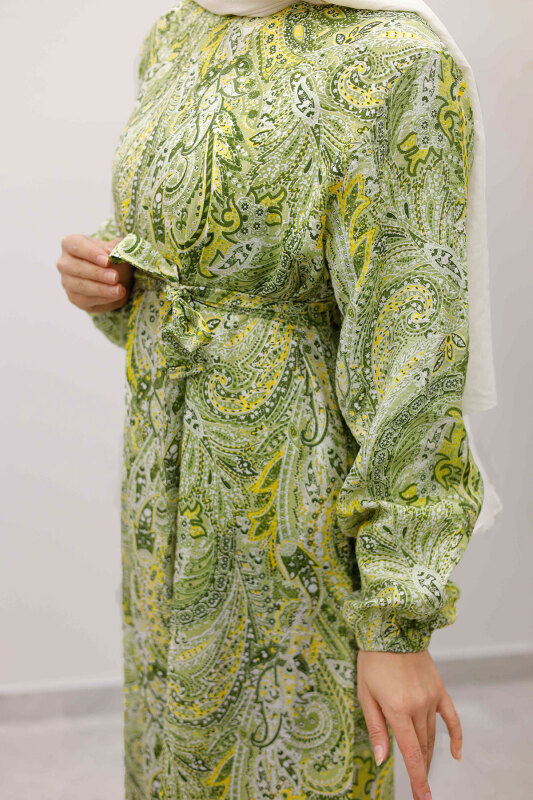 Şal Desen Kuşaklı Elbise TSD260107 Yeşil - 4