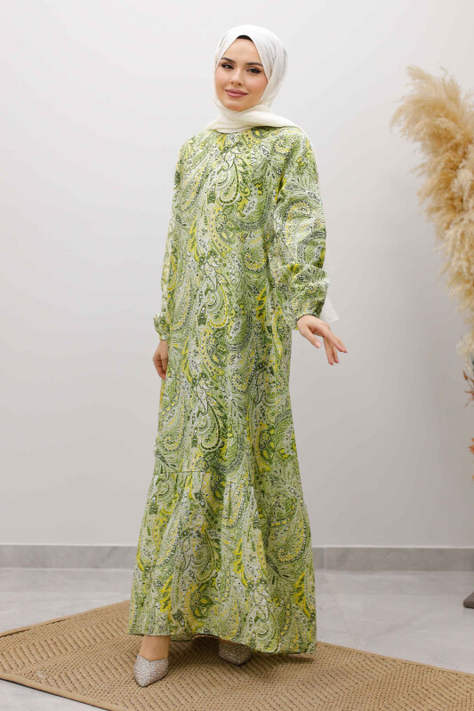 Şal Desen Kuşaklı Elbise TSD260107 Yeşil - 5