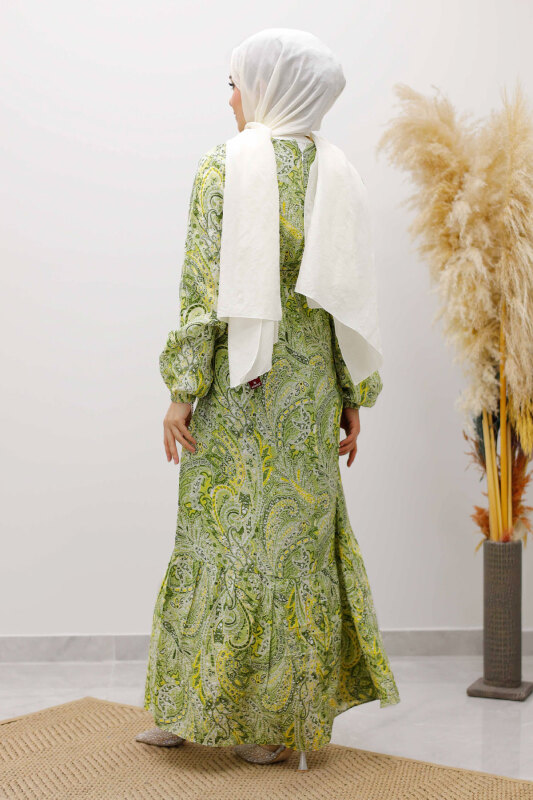 Şal Desen Kuşaklı Elbise TSD260107 Yeşil - 6