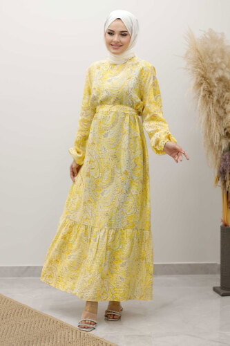Şal Desen Kuşaklı ElbiseTSD250257 Sarı - Tesettür Dünyası